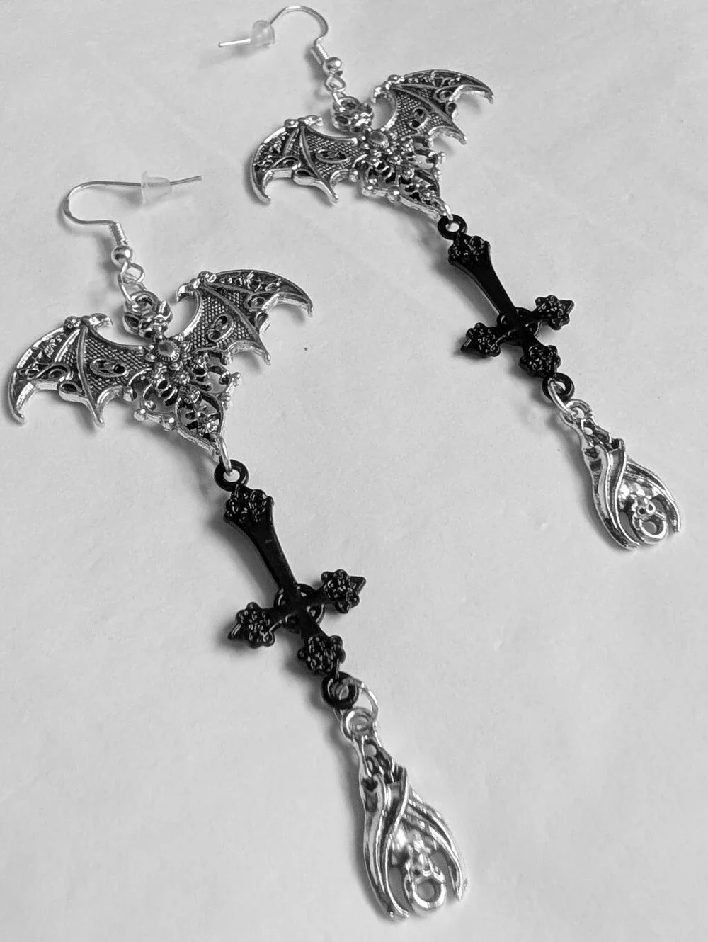 NWT Large Handmade Silver Double Bat Dangly Inverted Cross Earrings